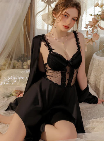 FASHION POLKA DOT GAUZE PERSPECTIVE SUSPENDER NIGHTDRESS