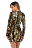 DEEP V-NECK LONG SLEEVE SPLIT SEQUINED DRESS