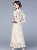 SHORT-SLEEVED LACE V-NECK DRESS