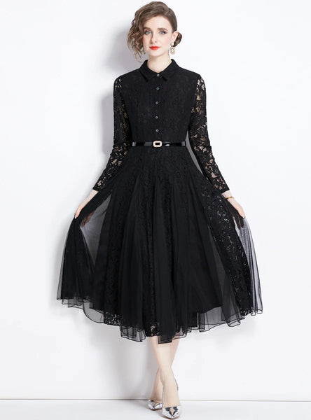 MESH STITCHING LACE SWING DRESS