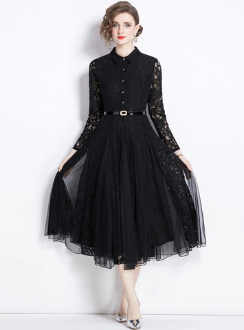 MESH STITCHING LACE SWING DRESS