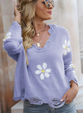 STYLISH HOLE LONG SLEEVE LOOSE SMALL FLOWER V-NECK SWEATER