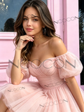 Tulle Off The Shoulder Blush Pink Short Mini Homecoming Dress