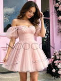 Tulle Off The Shoulder Blush Pink Short Mini Homecoming Dress