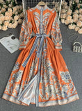 LANTERN SLEEVES V-NECK PRINTED DRESS