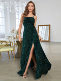 Green Sequin A Line Backless Prom Dress With Slit