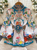 Style Floral Print High Collar Belt Two Piece Set