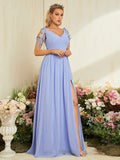 Blue Cap Sleeve Chiffon Tassel Prom Dress With Slit