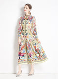RETRO PALACE STYLE LAPEL LONG SLEEVE PRINTED DRESS