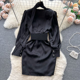 Elegant Belted Black Satin Wrap Dress