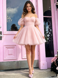Tulle Off The Shoulder Blush Pink Short Mini Homecoming Dress