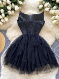 Sexy Lace Up Black Short Mini Tulle Dress