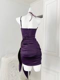 Pleated Skirt Flower One-Shoulder Purple Dress