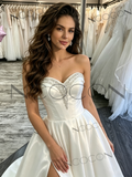 A Line Beading Satin Wedding Dress With Slit
