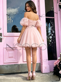 Tulle Off The Shoulder Blush Pink Short Mini Homecoming Dress