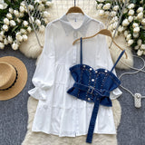 white shirt dress with denim corset Denim Corset Belt White Ruffle Shirt Dress