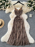 Leopard Print Ruched Spaghetti Strapped Maxi Dress