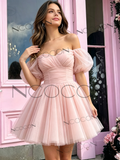 Tulle Off The Shoulder Blush Pink Short Mini Homecoming Dress