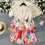 V-Neck Ruffled Sleeves Floral Printed Chiffon Dress