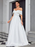 Off The Shoulder Ruched A Line Wedding Dress With Slit