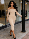 Brown Long Sleeve Elegant Knit Club Party Midi Maxi Dress