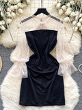 Polka Dot Sheer Puff Sleeves Black Dress
