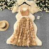 Embroidery Tulle Skirt Beige Lace Dress