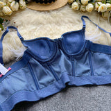 Luxurious Feather Trim Embellished Denim Bustier Top