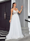 V Neck Sheer Mesh Tulle A Line Wedding Dress