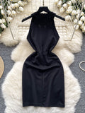 Crystal Embellishments Black Halter Neck Dress