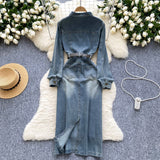 Belted Waist Classic Silhouette Long Denim Dress