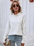 FASHION LOOSE BUTTON V-NECK LOTUS LEAF NECK SWEATER