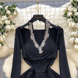 Black Halter Beading Crystal Mini Dress