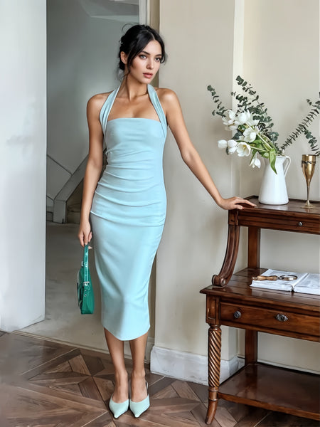 Form-Fitting Halter-Neck Blue Midi Dress