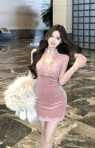 Elegant Pink Velvet Dress with Sheer Lace Yoke