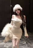 Stylish Beige Mini Dress with Lace Detail and Fur Accents