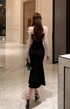 Stylish Outfit with Sheer Lace Blouse and Flared Black Skirt