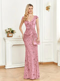 Mesh V Neck Sequin Cap Sleeve Ankle Prom Party Dress