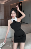 Elegant Black Halter Mini Dress with White Collar Detail