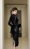 Stylish Long - Sleeve Black Gown with Sparkling Sequin Detailing