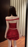 Stylish Red Off - Shoulder Set with Ruffled Skirt and Flower Decor