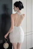 Stylish Furry White Sleeveless Dress with Cut - out Detail