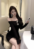Elegant Long - Sleeve Black Mini Dress with Sparkling Decor