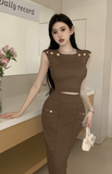 Elegant White Sleeveless Knit Set with Gold Buttons