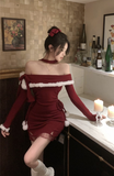 Stylish Long - Sleeve Wine Red Dress with Lace Hem