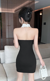 Elegant Black Halter Mini Dress with White Collar Detail