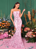 Pink Strapless Mermaid Sequin Party Dress