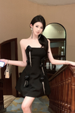 Elegant Black Strapless Mini Dress with Flower Embellishments