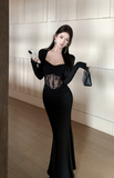 Elegant Long - Sleeve Black Gown with Lace Corset Detail
