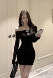 Elegant Long - Sleeve Black Mini Dress with Sparkling Decor